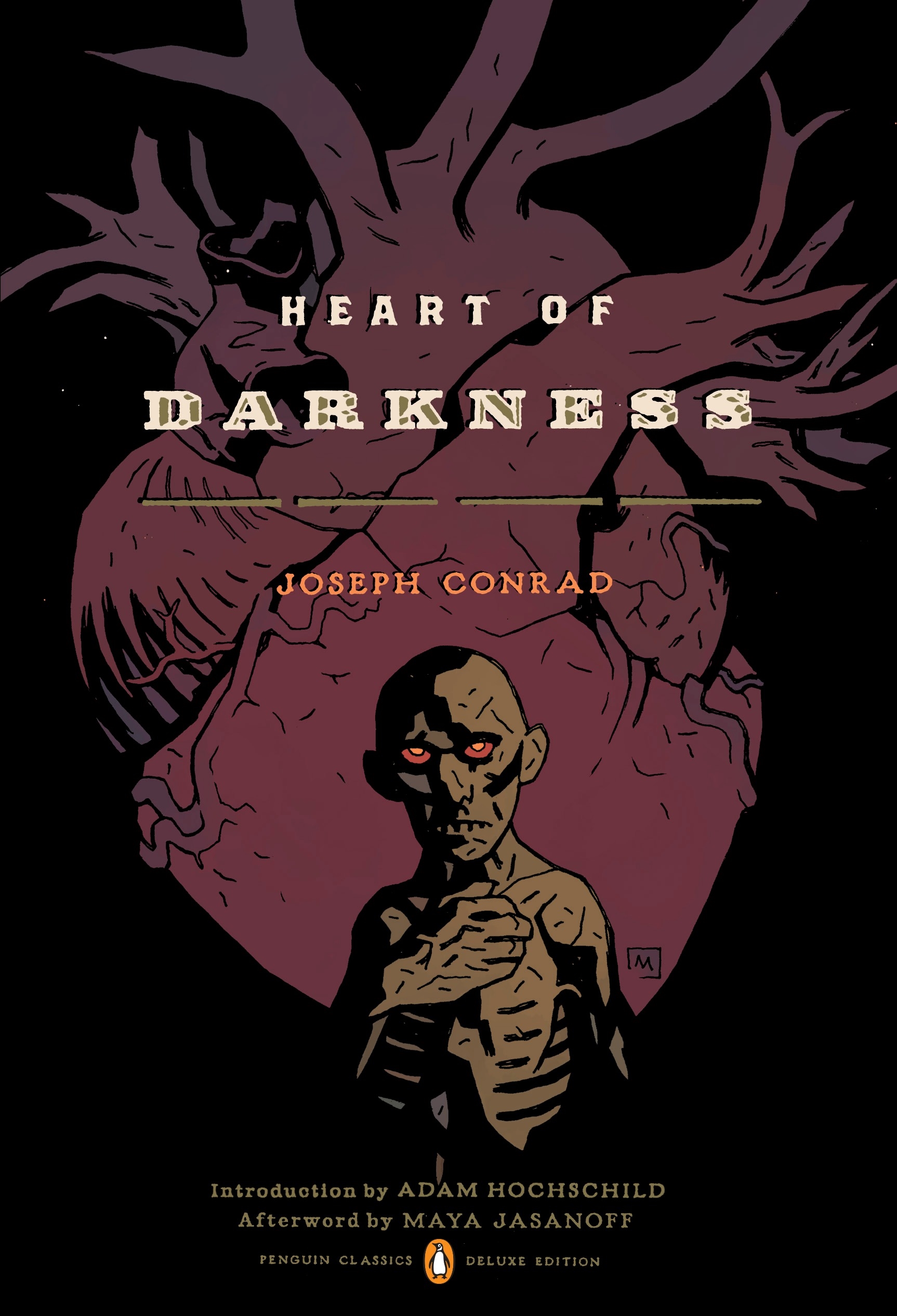 Book cover of "Heart of Darkness" by Joseph Conrad, published by SKDM Publishers. The design features a dark, eerie illustration of a skeletal figure with glowing red eyes, set against a large anatomical heart and twisted tree branches