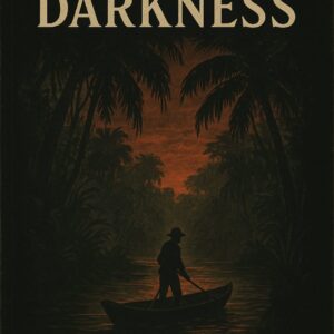 Book cover of 'Heart of Darkness' by Joseph Conrad, featuring a silhouette of a man rowing a boat through a dark tropical jungle at sunset, published by SDKM Publishers