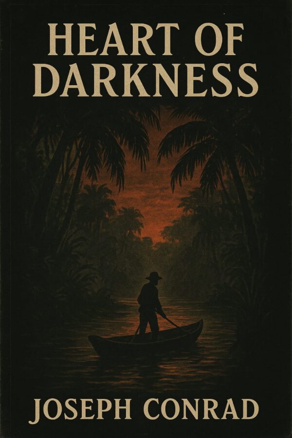 Book cover of 'Heart of Darkness' by Joseph Conrad, featuring a silhouette of a man rowing a boat through a dark tropical jungle at sunset, published by SDKM Publishers